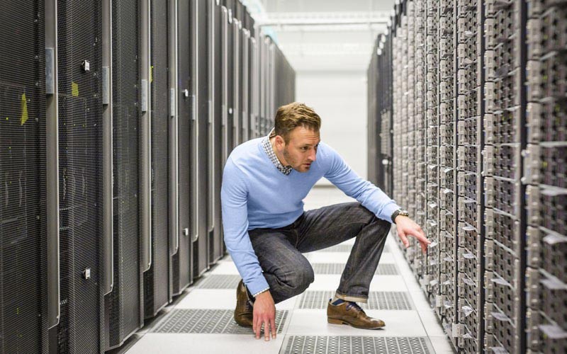 Man working in server room