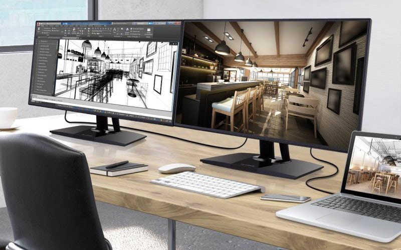 ViewSonic VP2468 monitor delivers coloured graphic experience Viewsonic monitors on a desk.