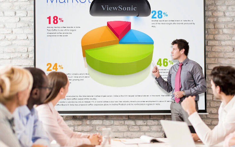 Projector solutions for larger spaces Man presenting data figures through a projector
